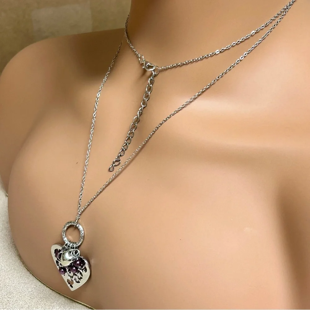 Long Silver and Purple Bead Accent Heart Pendant Necklace